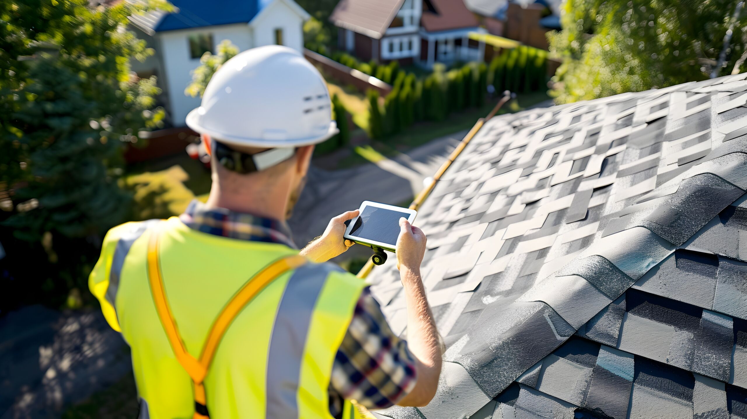 worker in hard hat inspecting roof with ipad
