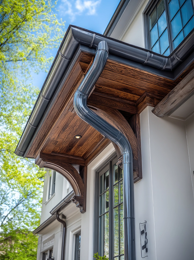 Premium seamless gutter and downspout system installed on a custom home to provide superior drainage and architectural appeal.