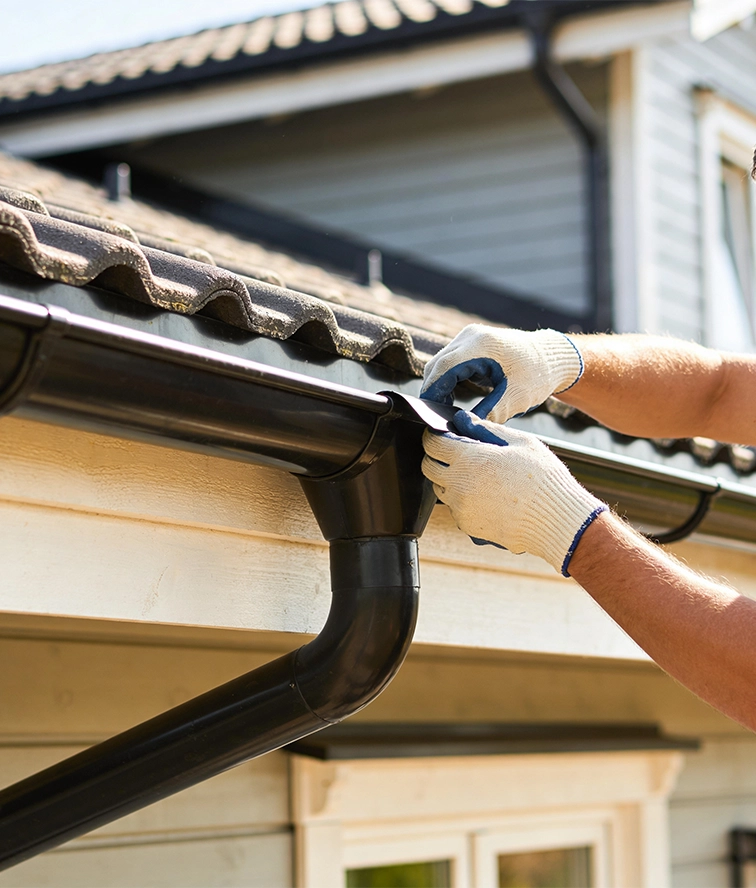 Professional technician installing a seamless gutter system to improve residential drainage and water protection.